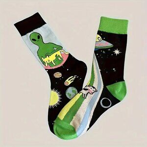 Out of This World Women's Mid-Calf Cartoon Alien Themed Socks - Polyester Knit F